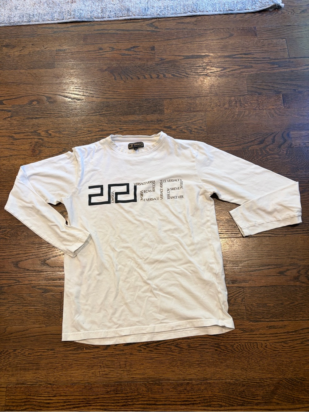 Vintage Versace White Long-Sleeve Shirt with Black Greek Key Logo Graphic